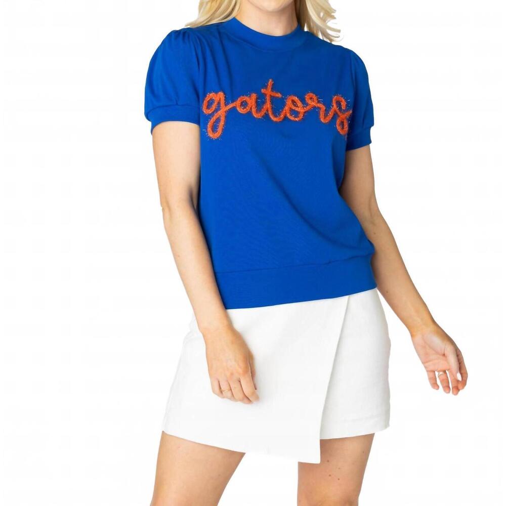 NEW STEWART SIMMONS gators glitter script short sleeve top in blue